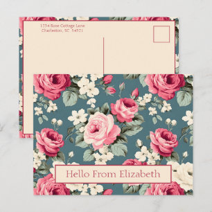 Vintage Pink Roses on Deep Blue Postcard