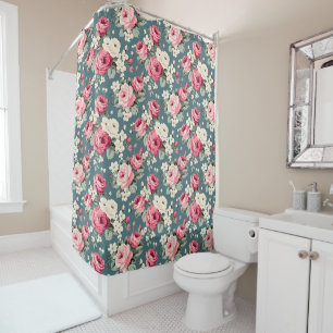 Vintage Pink Roses on Deep Blue Shower Curtain