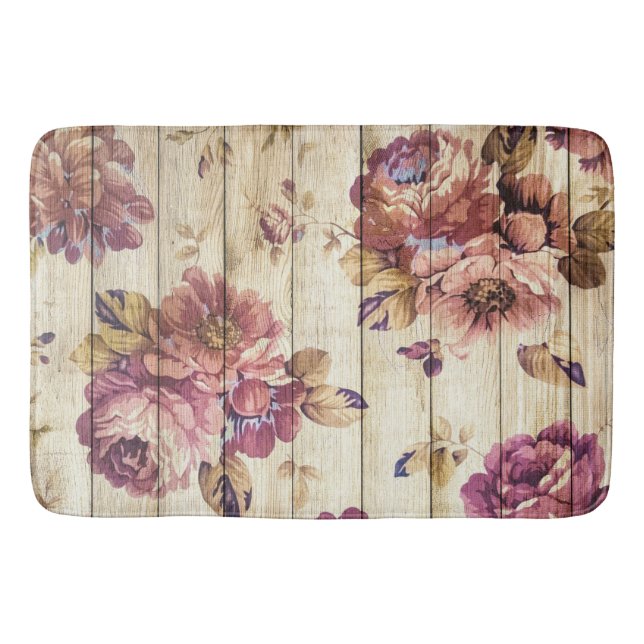 Vintage Pink Roses on Wood Bath Mat (Front)