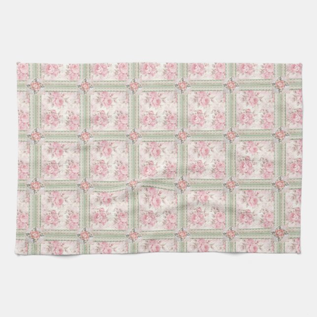 Vintage Pink Roses Patchwork Tea Towel (Horizontal)