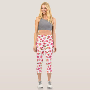 Vintage Pink Roses Romantic Watercolor Pattern  Capri Leggings