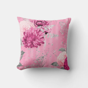 Vintage Pink Roses Silver Glitter Butterfly Cushion