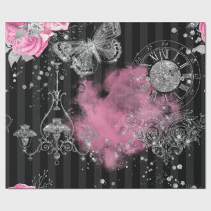 Vintage Pink Roses Silver Glitter Butterfly Wrapping Paper