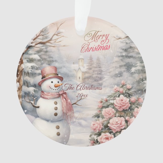 Vintage Pink Roses, Snowman Christmas Village Ornament (Front)