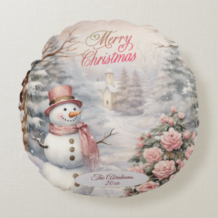 Vintage Pink Roses, Snowman Christmas Village Round Cushion