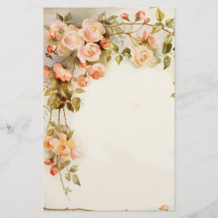 Vintage pink roses vine painting stationery paper