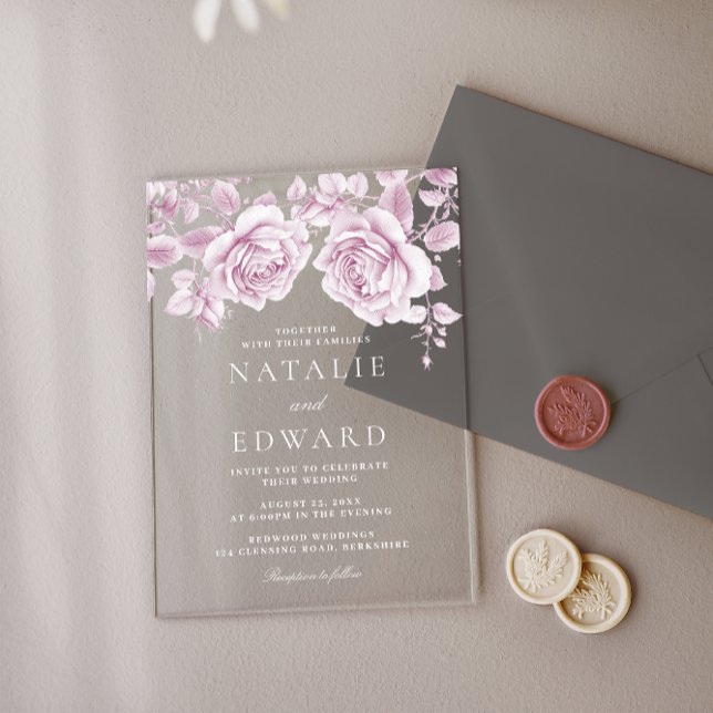 Vintage Pink Roses Wedding Acrylic Invitations (Creator Uploaded)