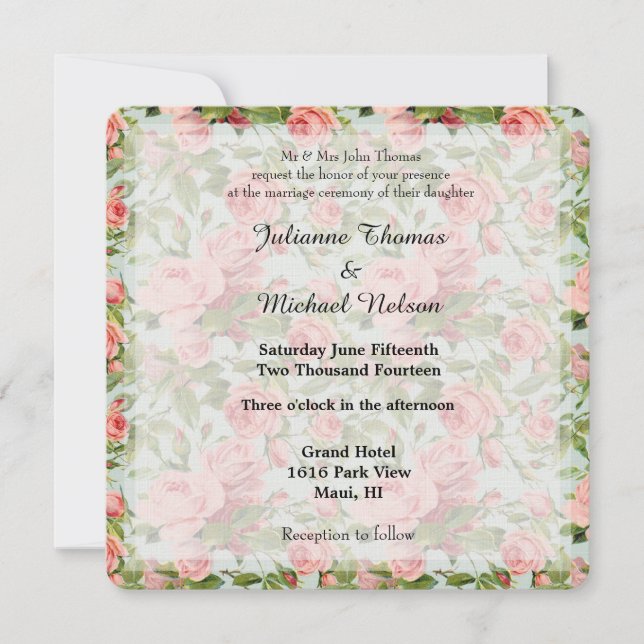 Vintage Pink Roses Wedding Invitation (Front)