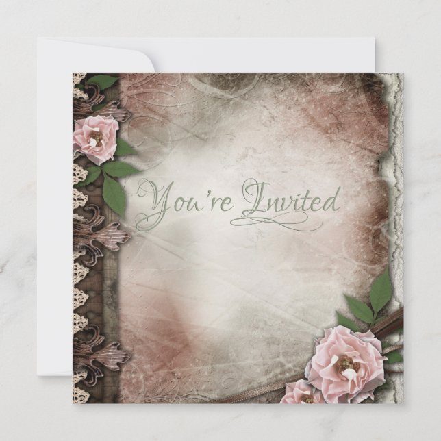 Vintage Pink Roses Wedding Invitation (Front)