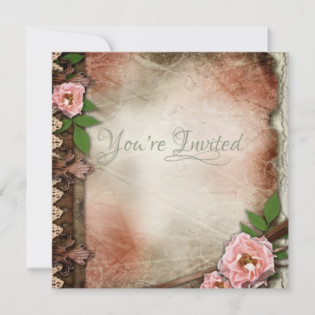 Vintage Pink Roses Wedding Invitation (Front)