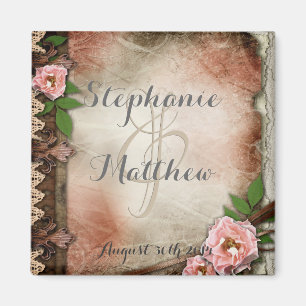 Vintage Pink Roses Wedding Magnet