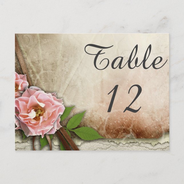 Vintage Pink Roses Wedding Table Number Card (Front)