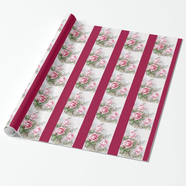 Vintage Pink Roses Wrapping Paper (Unrolled)