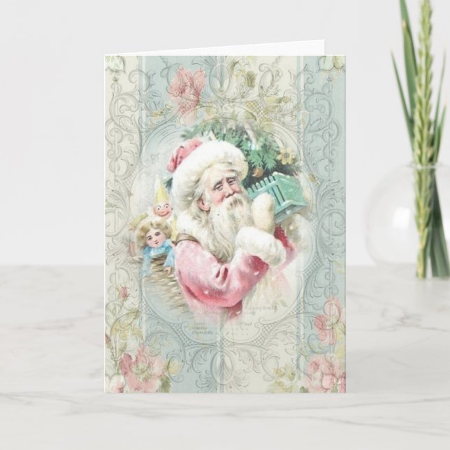 Vintage Pink Santa Claus at Window Holiday Card (Front)