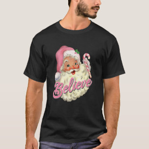 Vintage Pink Santa Claus Believe Pink Christmas De T-Shirt