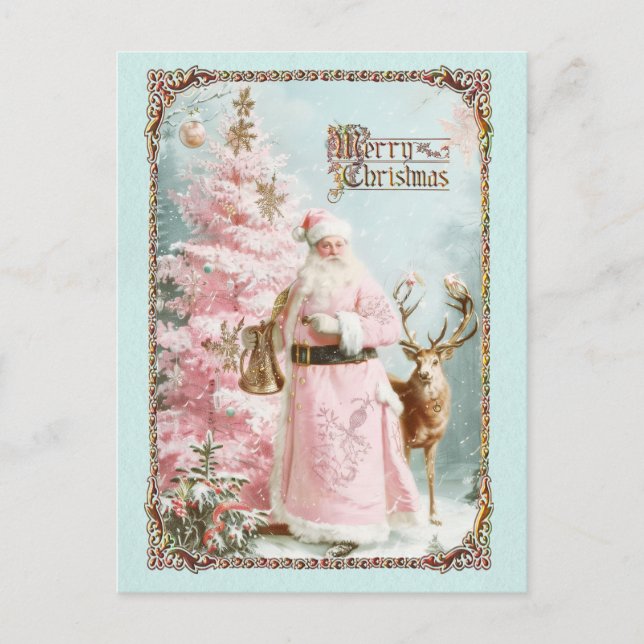 Vintage pink Santa Claus deer tree Christmas card (Front)