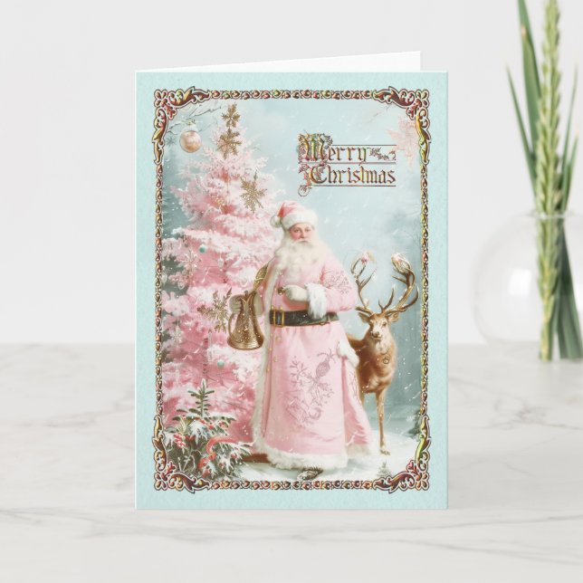 Vintage Pink Santa Claus deer tree mint card (Front)