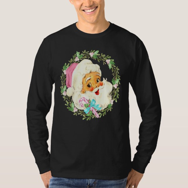 Vintage Pink Santa Claus Pink Christmas T-Shirt (Front)