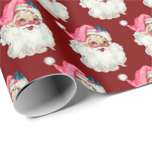 Vintage Pink Santa Face Christmas Holiday gift Wrapping Paper
