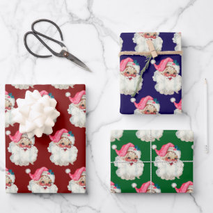 Vintage Pink Santa Face Christmas Holiday gift Wrapping Paper Sheet