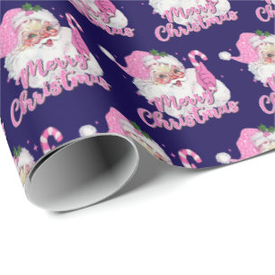 Vintage Pink Santa on Blue Wrapping Paper