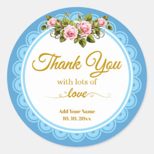 Vintage Pink Shabby Chic Roses & Blue Thank You Classic Round Sticker