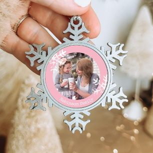 Vintage Pink Snowflake Custom Photo Monogram Pewter Christmas Ornament
