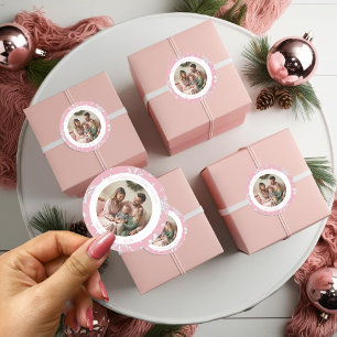 Vintage Pink Snowflakes Christmas photo Classic Round Sticker