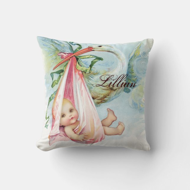 Vintage Pink Stork Baby Girl Nursery Pillows (Front)