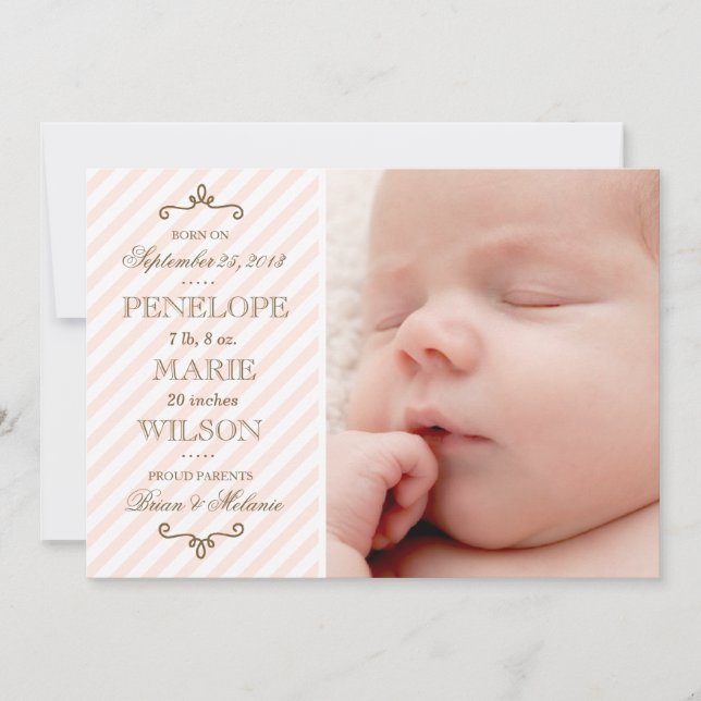 Vintage Pink Stripe Baby Girl Birth Announcement (Front)