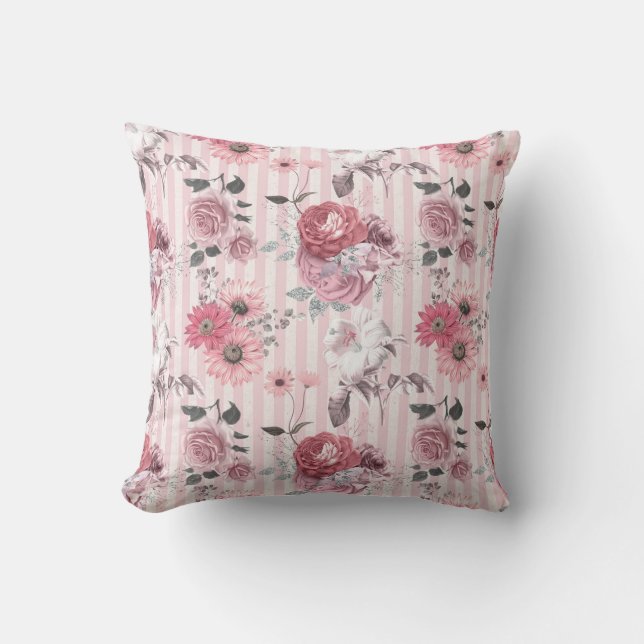 Vintage Pink Striped Floral Pattern Cushion (Front)