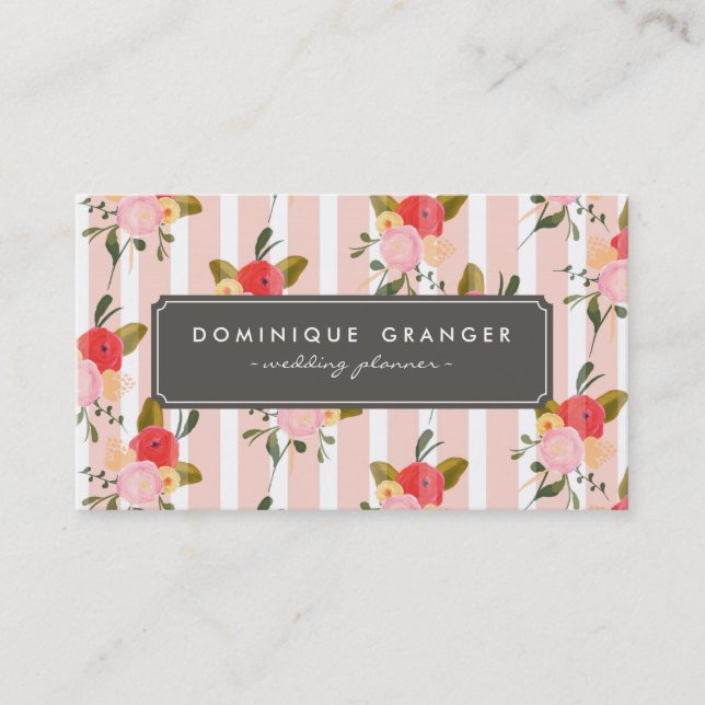 Vintage Pink Stripes and Flowers Business Card (Front)