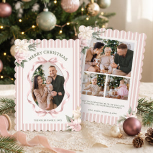 Vintage Pink Stripes Family Photo Christmas Holiday Card