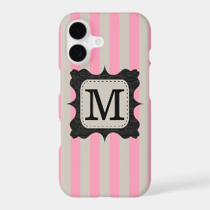 Vintage Pink Stripes Pattern Black Custom Monogram