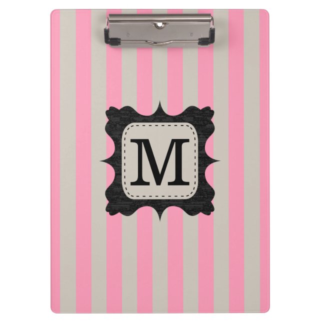 Vintage Pink Stripes Pattern Black Custom Monogram Clipboard (Front)
