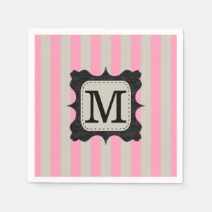 Vintage Pink Stripes Pattern Black Custom Monogram Napkin