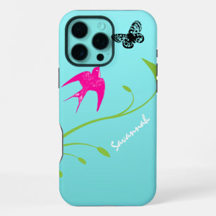 Vintage Pink Swallow Bird Butterfly Blue Ombre iPhone 16 Pro Max Case