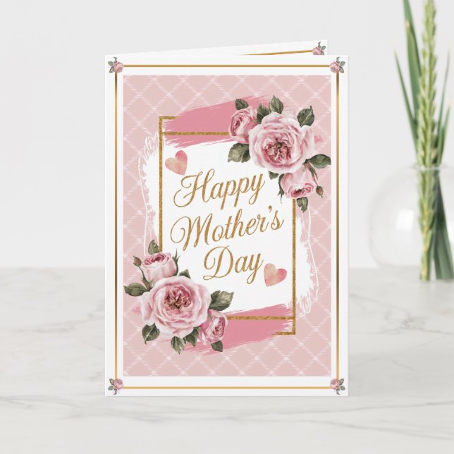 Vintage Pink Tartan Roses & Hearts Mother's Day Card (Front)