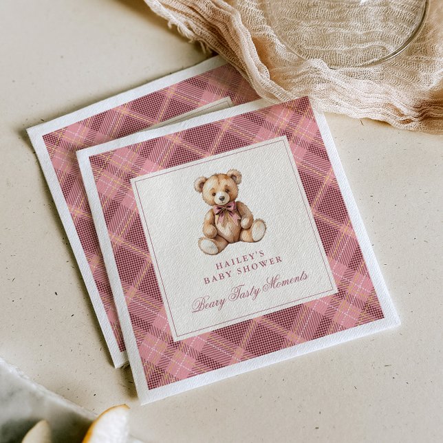Vintage Pink Tartan Teddy Bear Baby Shower Napkin (Creator Uploaded)