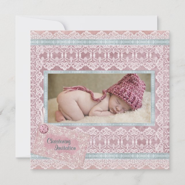Vintage Pink Teal Baby Girl Photo Christening Invitation (Front)