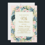 Vintage Pink Teal Botanical Floral 90th Birthday  Invitation<br><div class="desc">Elegant pink,  teal,  and ivory watercolor floral on a vintage botanical 90th birthday party invitation for women.</div>