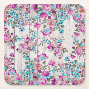 Vintage pink teal flowers white rustic wood panels square paper coaster