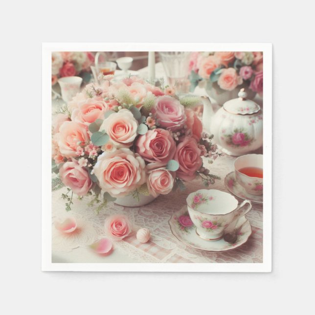 Vintage Pink Teapot Rose Floral  Napkin (Front)
