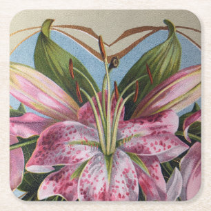 Vintage Pink Tiger Lily Botanical Floral Square Paper Coaster