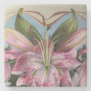 Vintage Pink Tiger Lily Botanical Floral Stone Coaster