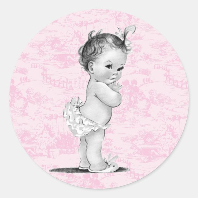 Vintage Pink Toile Baby Shower Stickers (Front)