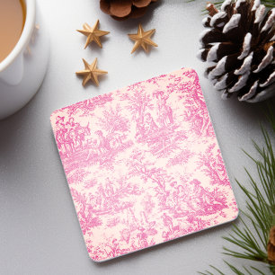 Vintage pink toile de jouy pattern stone coaster