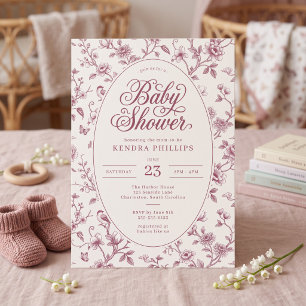 Vintage Pink Toile Floral Baby Shower Invitation