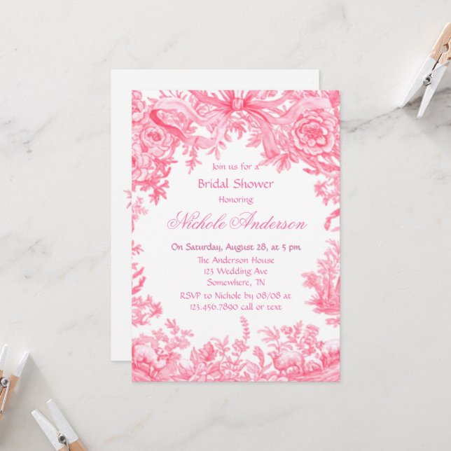 Vintage Pink Toile Flower Bridal Shower Invitation (Front/Back In Situ)