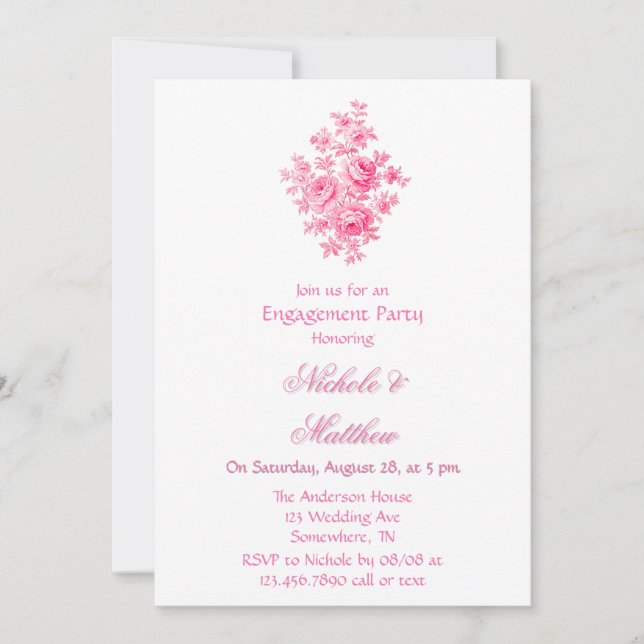 Vintage Pink Toile Flower Engagement Party Invitation (Front)